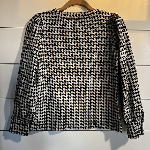 TALBOTS Houndstooth Knit Puff Sleeve Pearl Button Cuff Black White Top XS - Picture 6 of 8